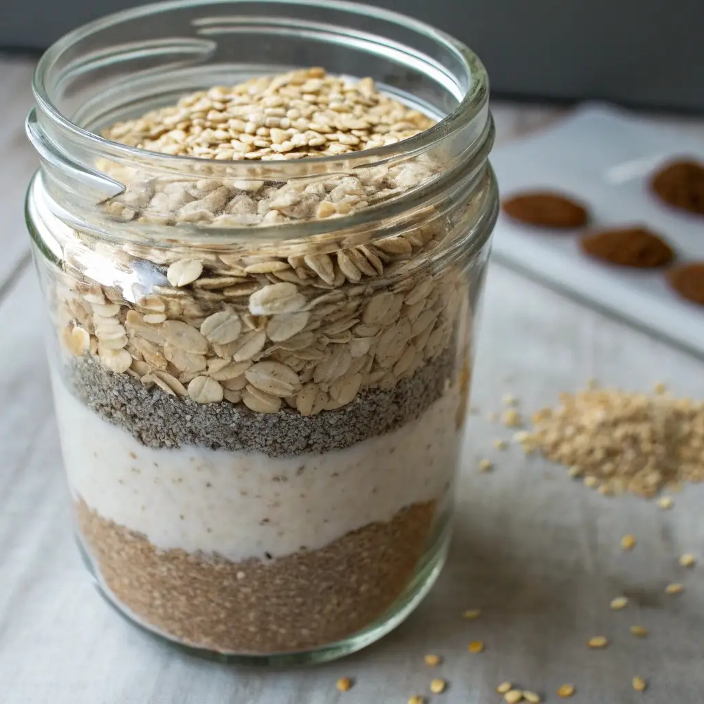 A mason jar filled with layered dry ingredients: oats, protein powder, chia seeds, and spices.