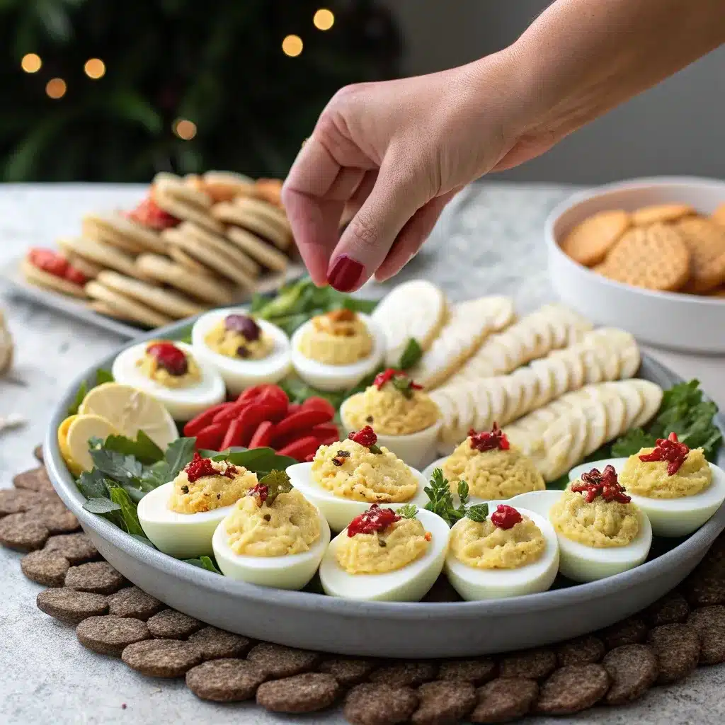 A hand reaching for a festive Christmas deviled egg from a beautiful party platter of easy christmas appetizers