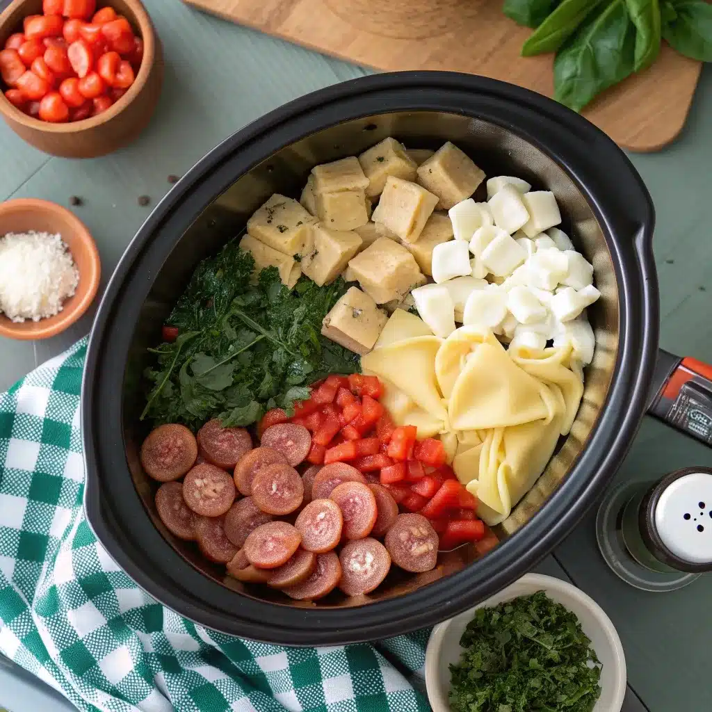 easy prep crockpot cheese tortellini and sausage with layered ingredients