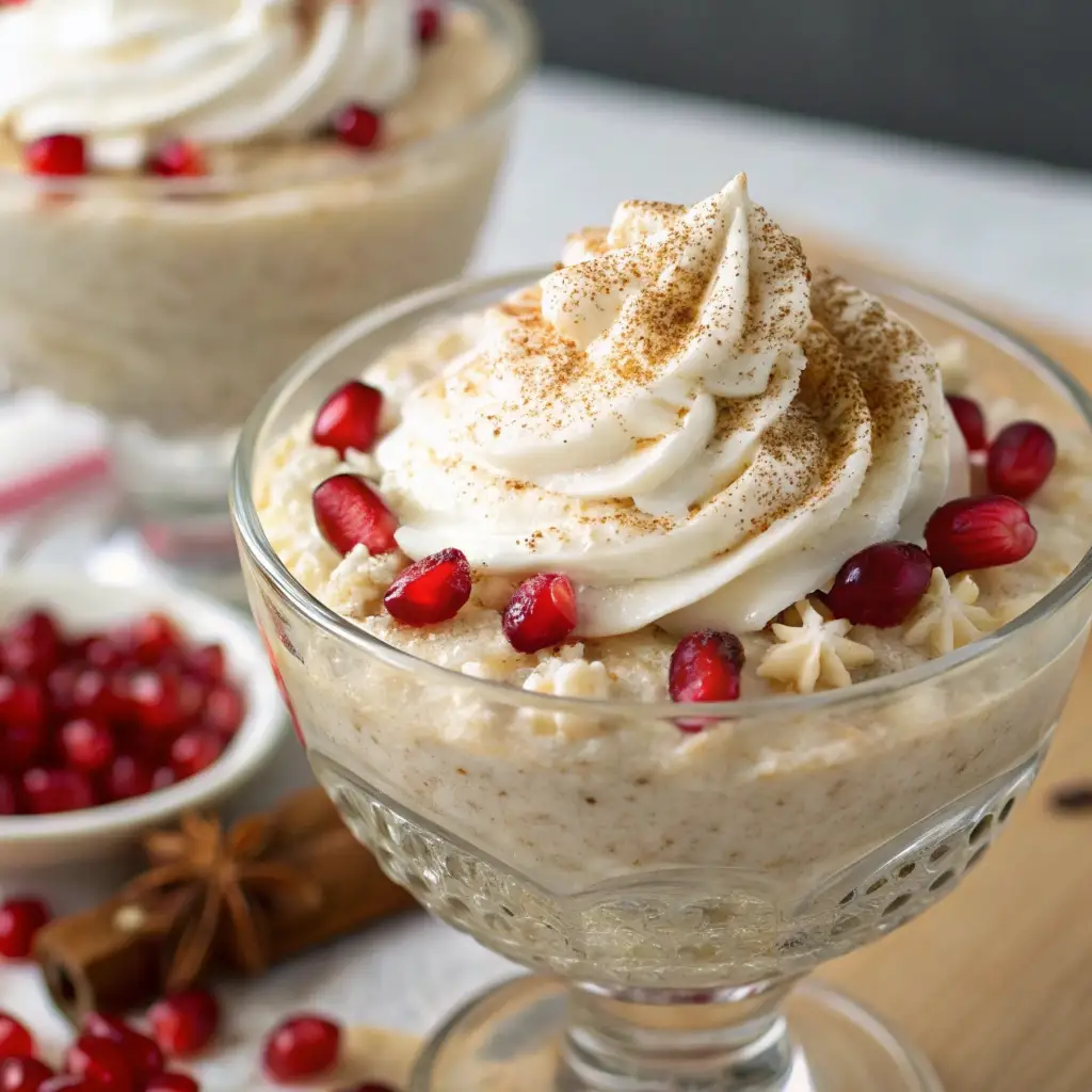 Eggnog oats topped with whipped cream and pomegranate.