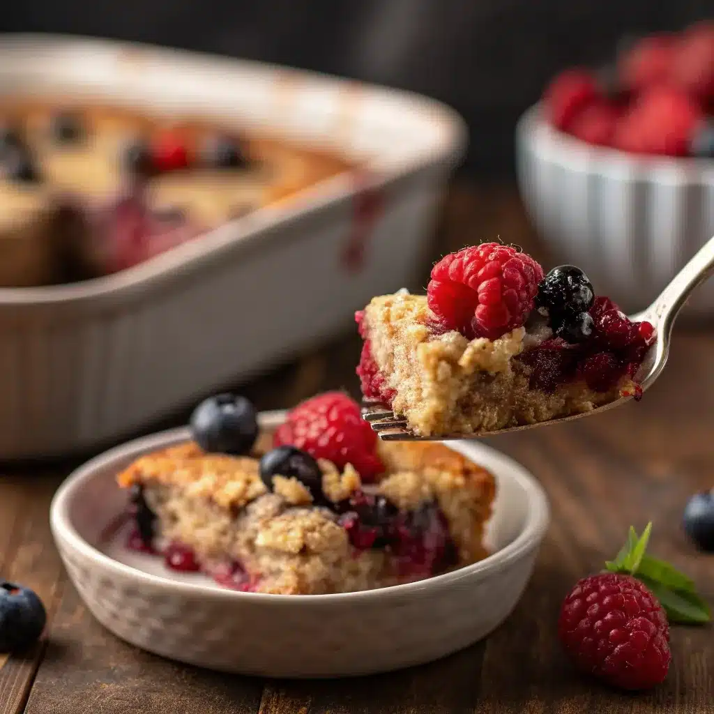 Close-up bite of high protein triple berry bake on a fork