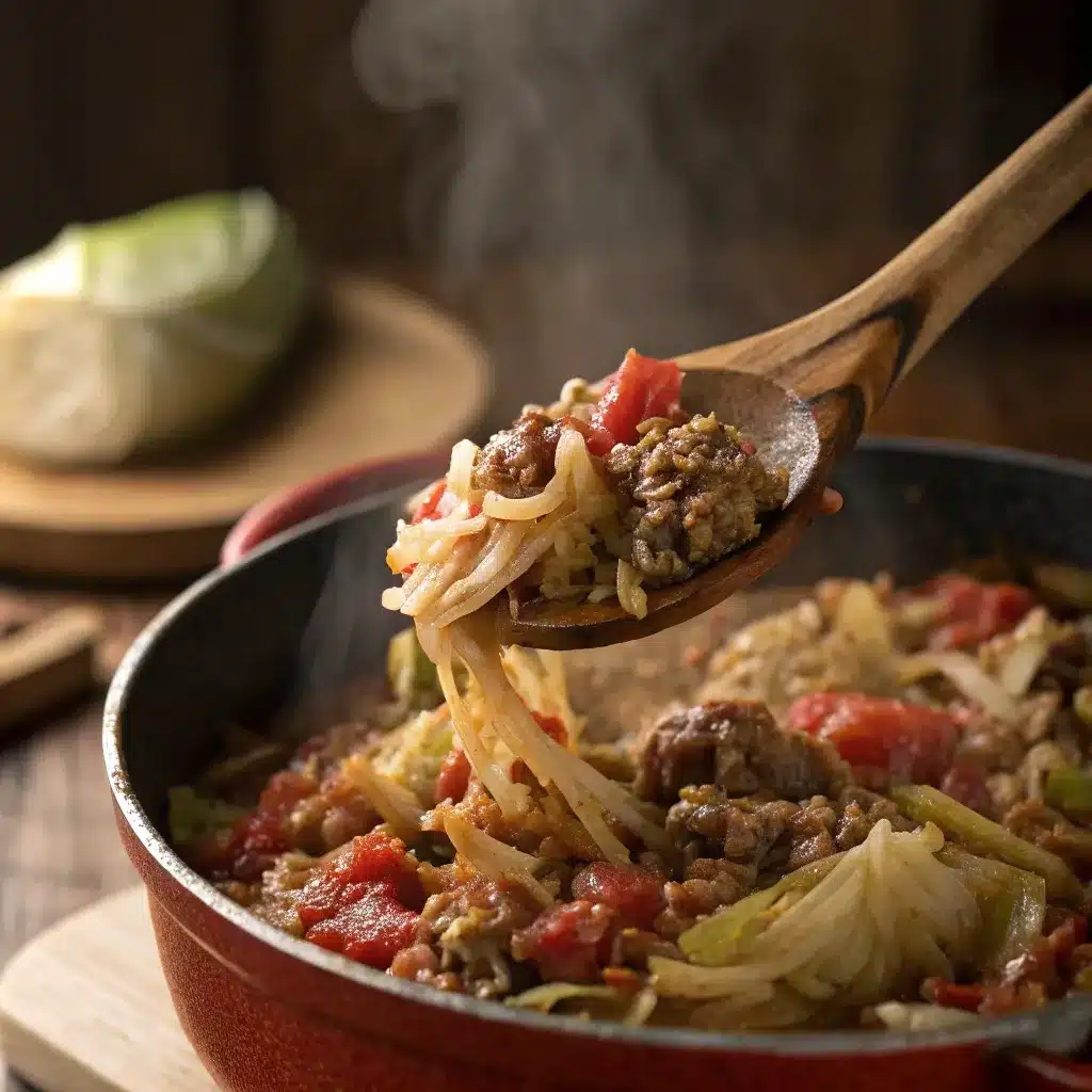 Final close-up of unstuffed cabbage rolls in pot with spoon.