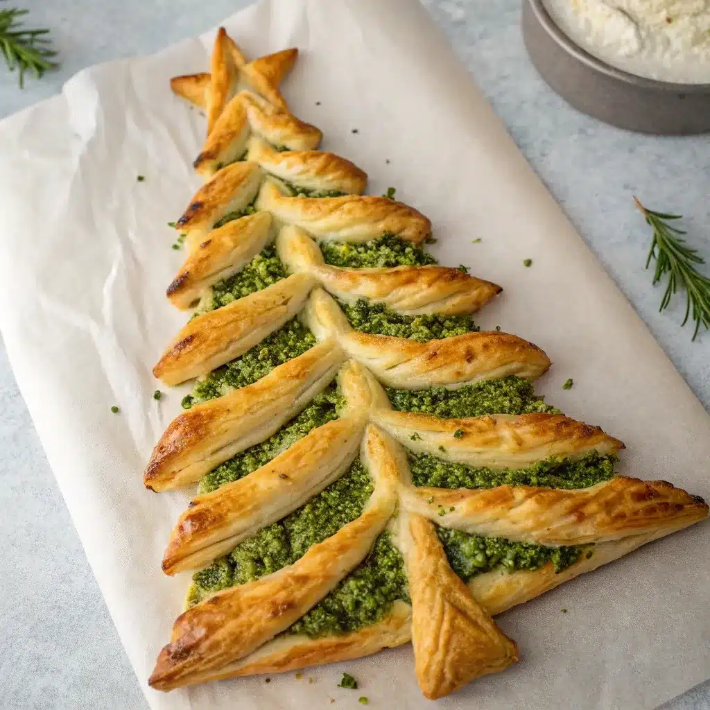 Golden puff pastry Christmas tree with twisted pesto-filled branches on parchment paper.