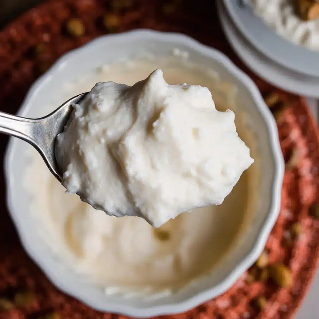 A spoon lifting fluffy, mousse-like protein dip made with Cool Whip.