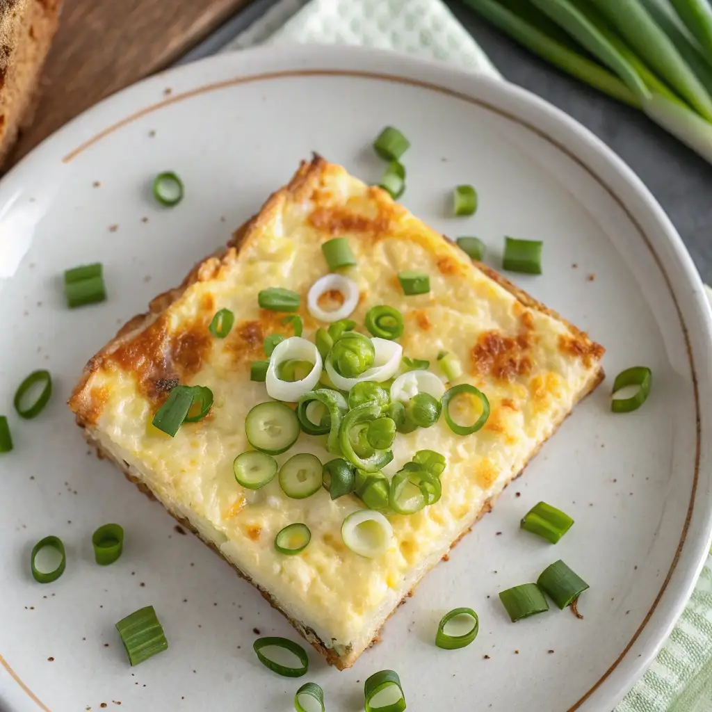 An overhead close-up of a slice of fluffy cottage cheese egg bake topped with green onions.