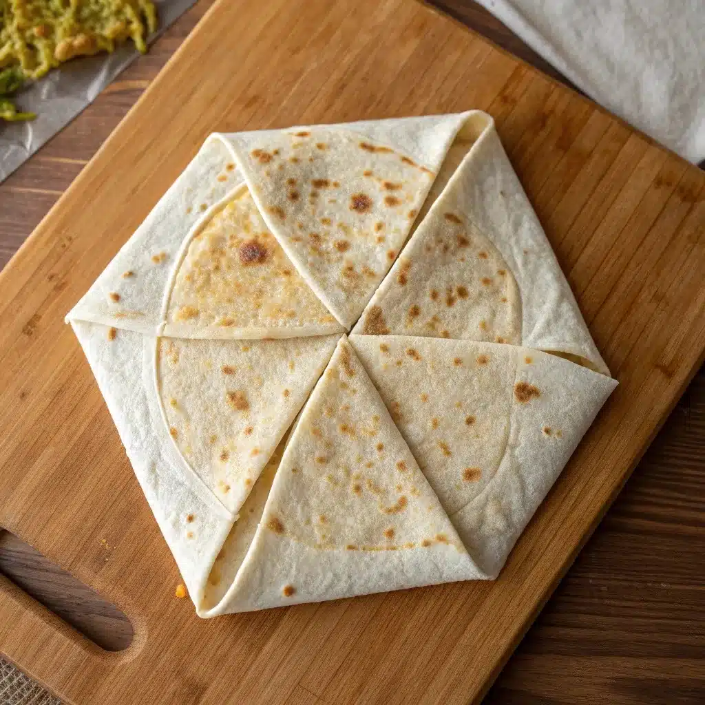 A fully folded, uncooked hexagonal crunchwrap sitting on a cutting board showing neat pleats.