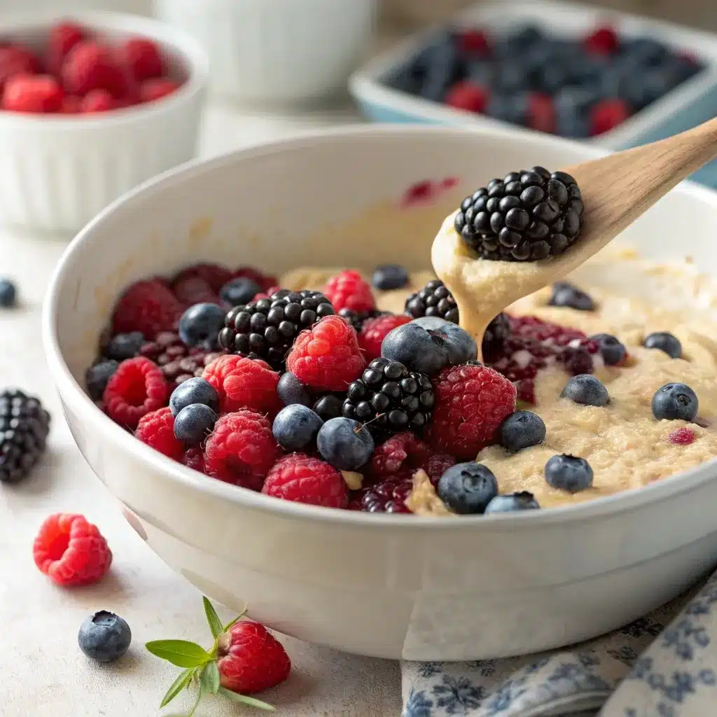 Folding fresh berries into high protein triple berry bake batter