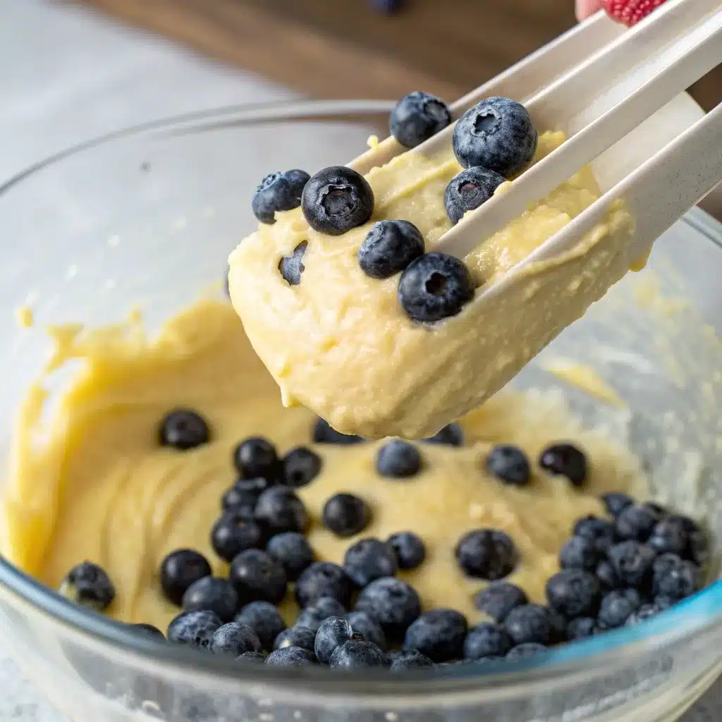 Spatula folding fresh blueberries into thick pancake batter in a glass bowl.