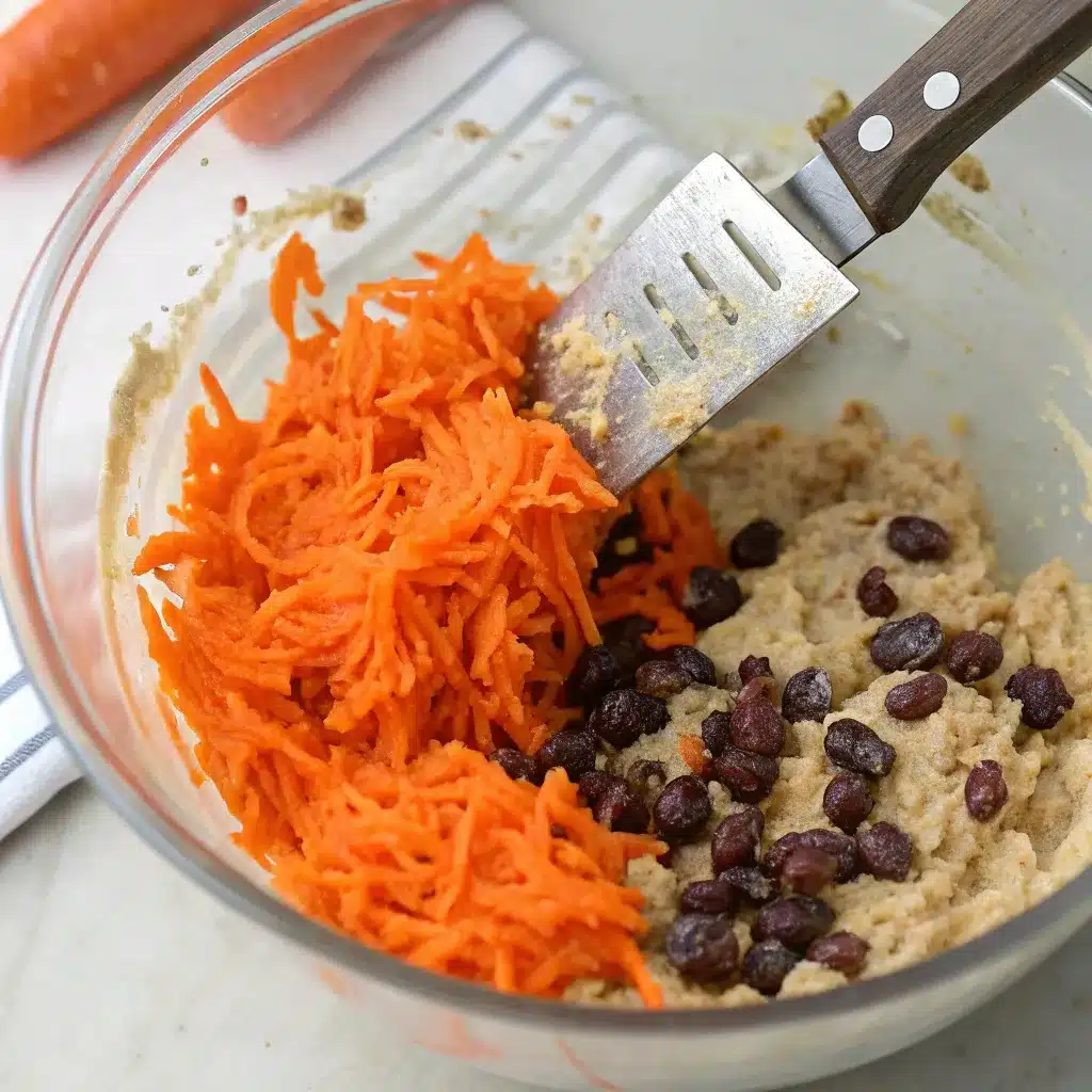 A spatula folding fresh grated carrots and raisins into the high protein carrot cake baked oatmeal batter.