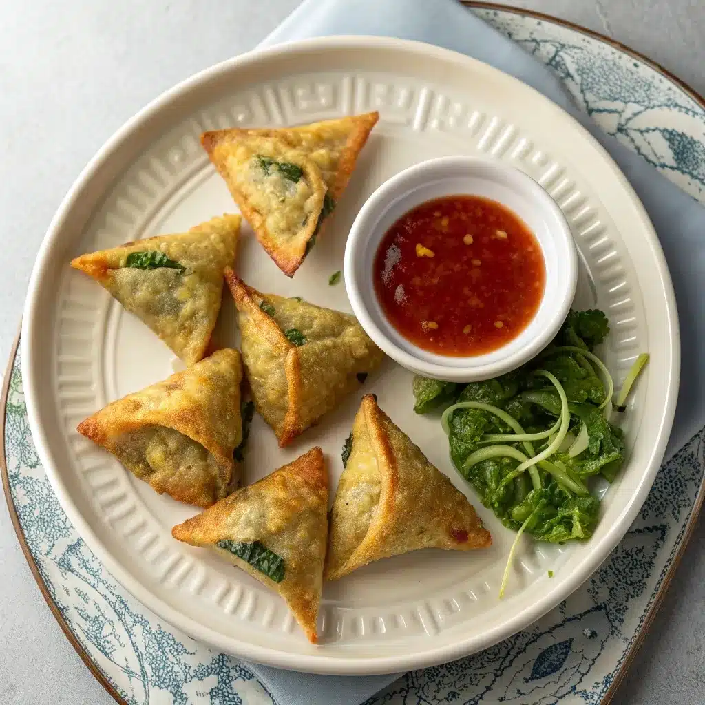 A plate of golden-brown, crispy fried spinach artichoke wontons, served in a triangle shape with a dipping sauce.