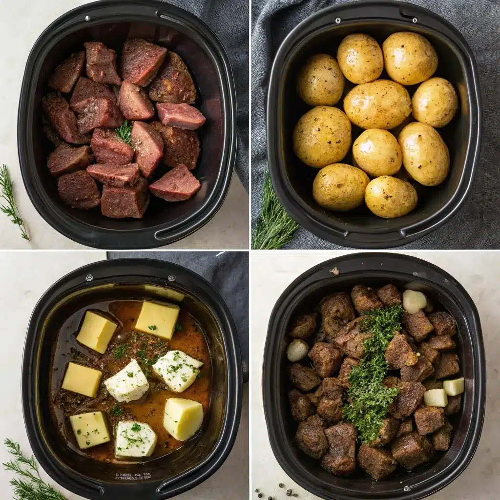 Four-step visual guide for making garlic butter beef bites with potatoes in the slow cooker