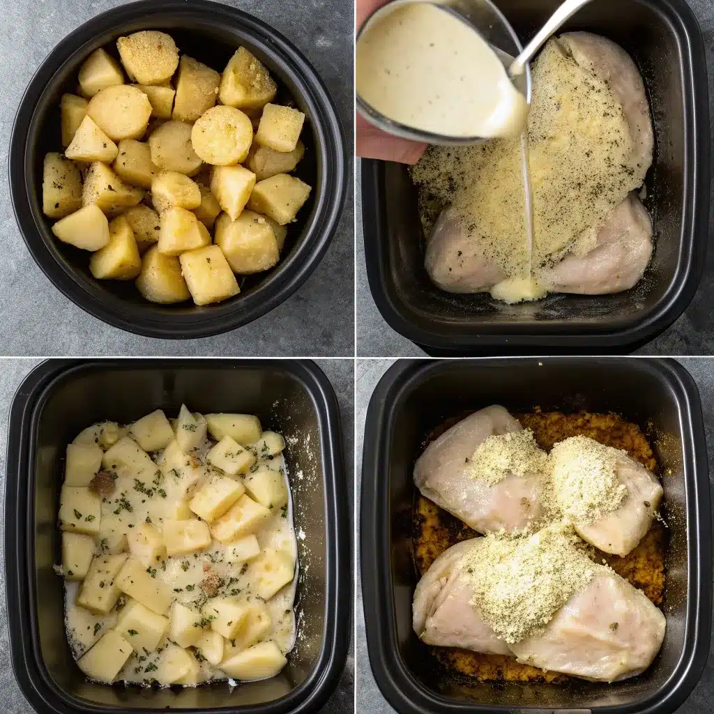 Four-step process of making garlic parmesan chicken and potatoes in a slow cooker