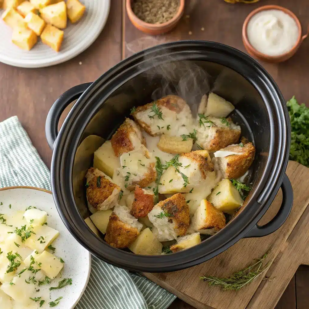 Evenly cooked garlic parmesan crockpot chicken and potatoes with golden chicken, firm potatoes, and melted mozzarella