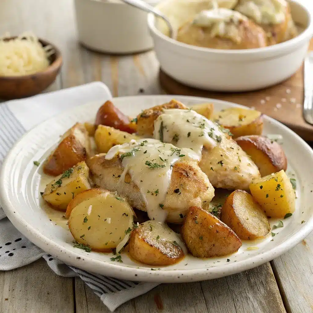 Garlic parmesan crockpot chicken and potatoes served on a rustic dinner table