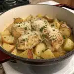 Garlic parmesan crockpot chicken and potatoes with golden roasted chicken, creamy sauce, and seasoned potato cubes