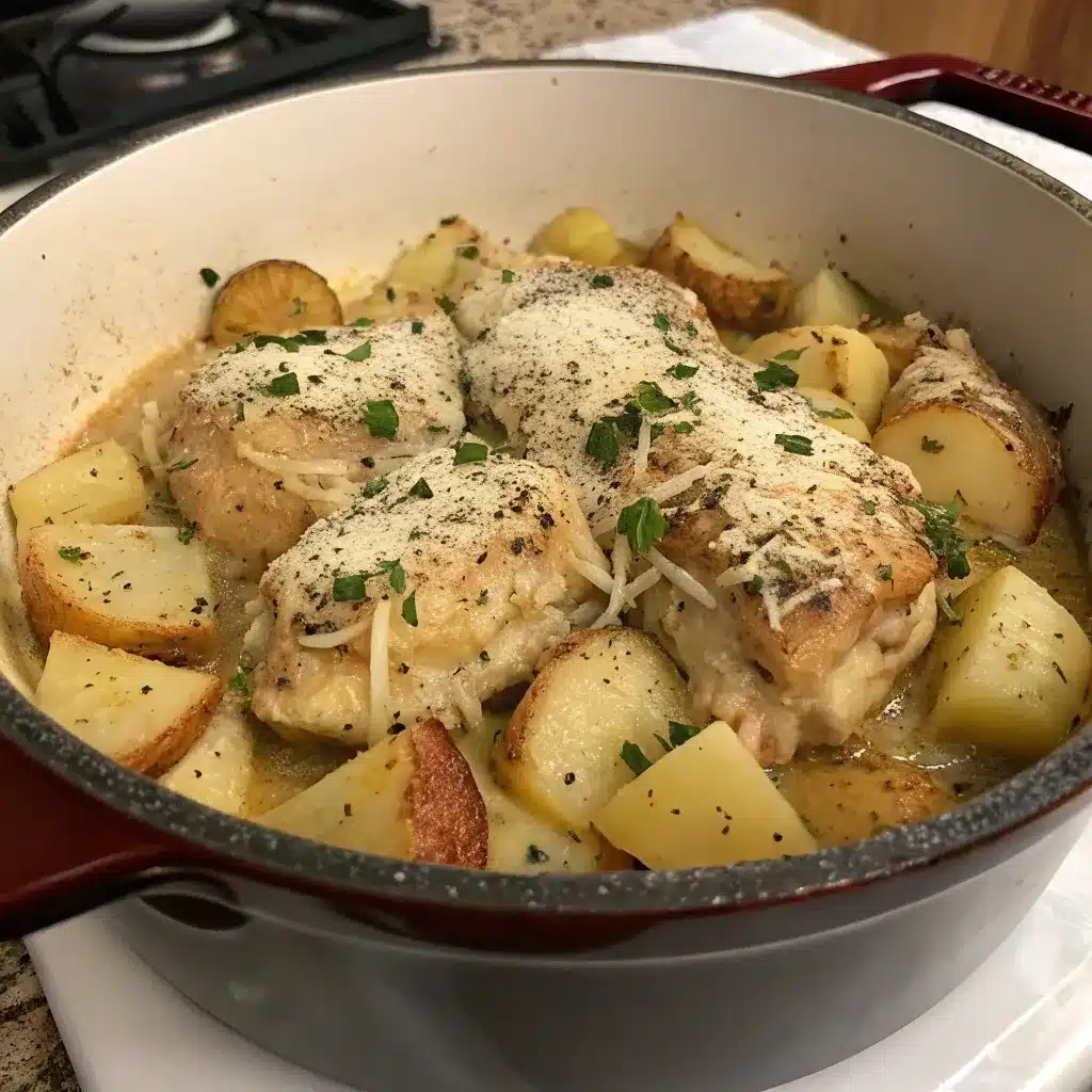 Garlic parmesan crockpot chicken and potatoes with golden roasted chicken, creamy sauce, and seasoned potato cubes