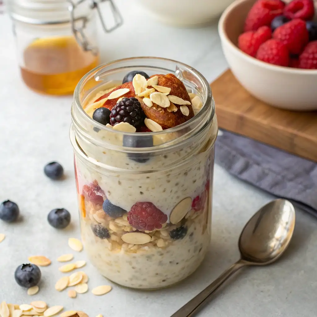 A jar of thick overnight oats made with Greek yogurt instead of protein powder.