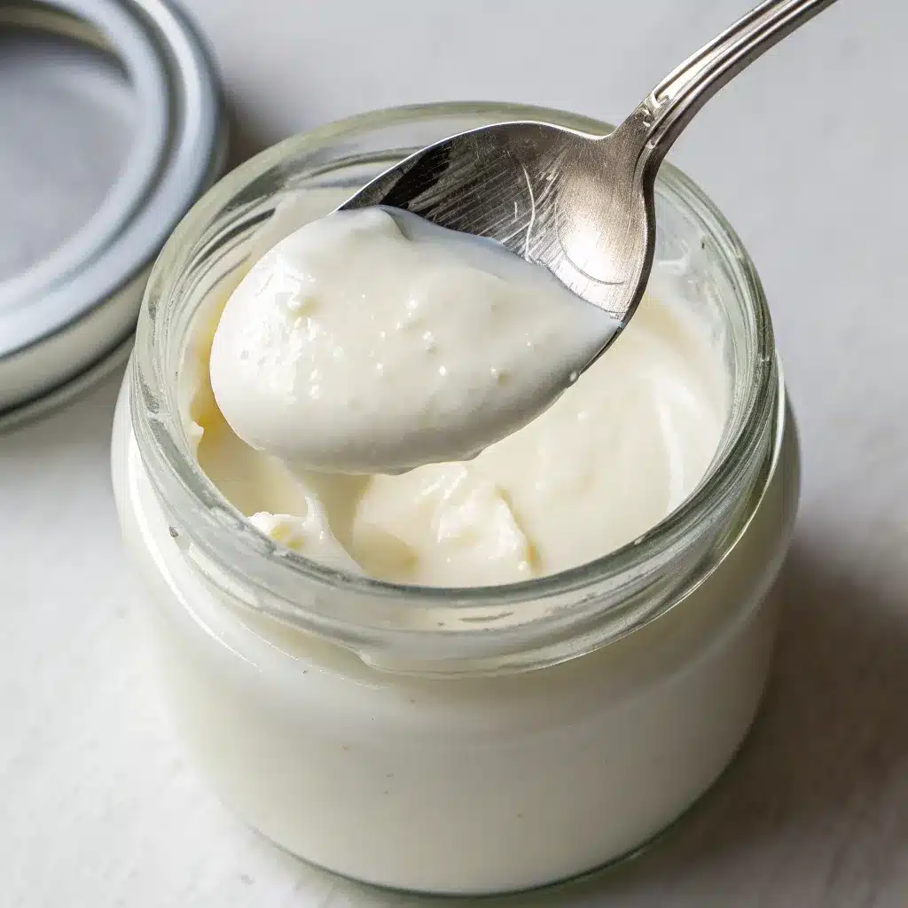 A jar of thick white protein icing made with Greek yogurt.