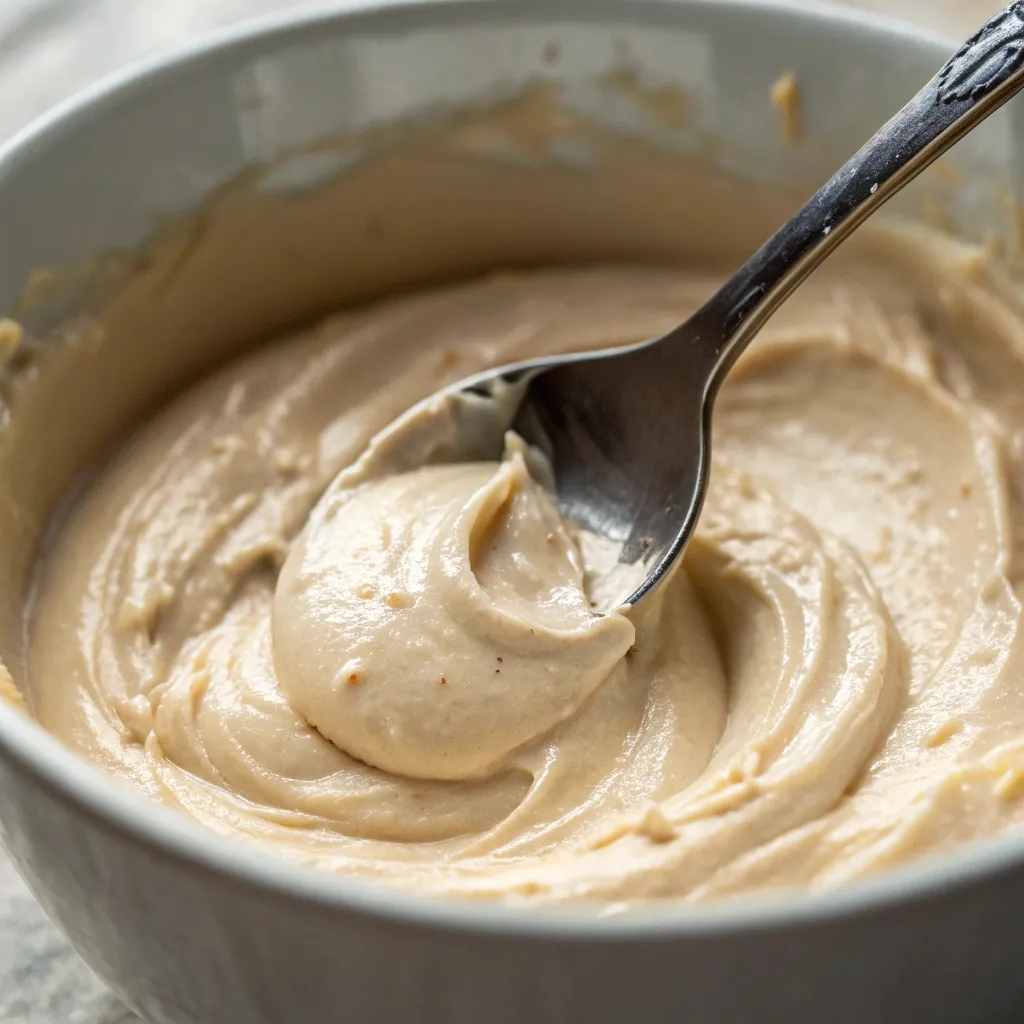 A bowl of thick, creamy Greek yogurt and protein powder mixture with a spoon resting in it.