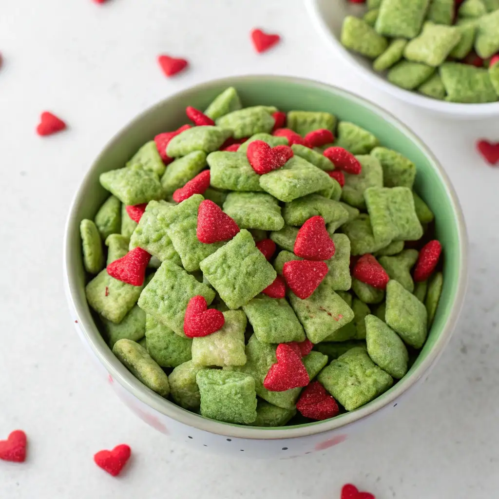 A bowl of "Grinch Chow," which is bright green puppy chow mixed with red heart sprinkles.
