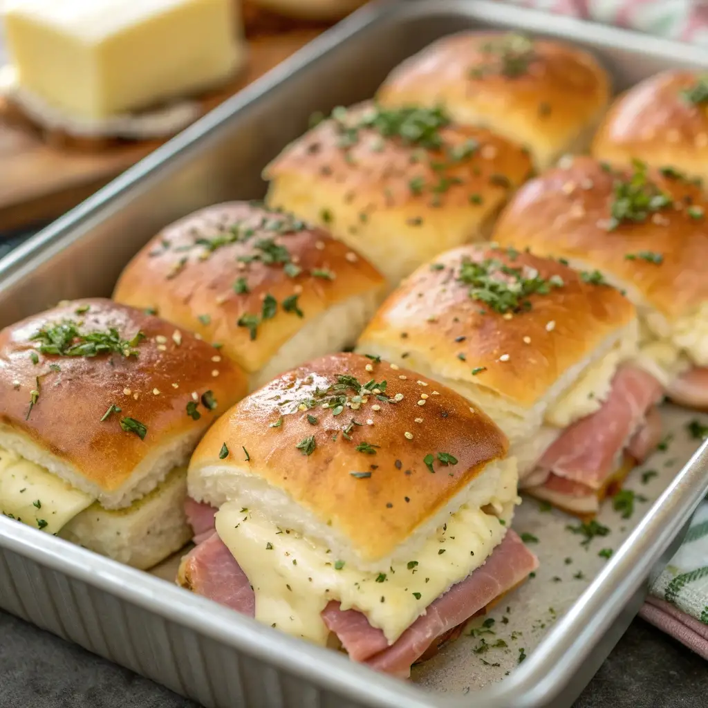 Close-up of ham and cheese sliders baked on soft rolls with golden tops on a holiday serving tray