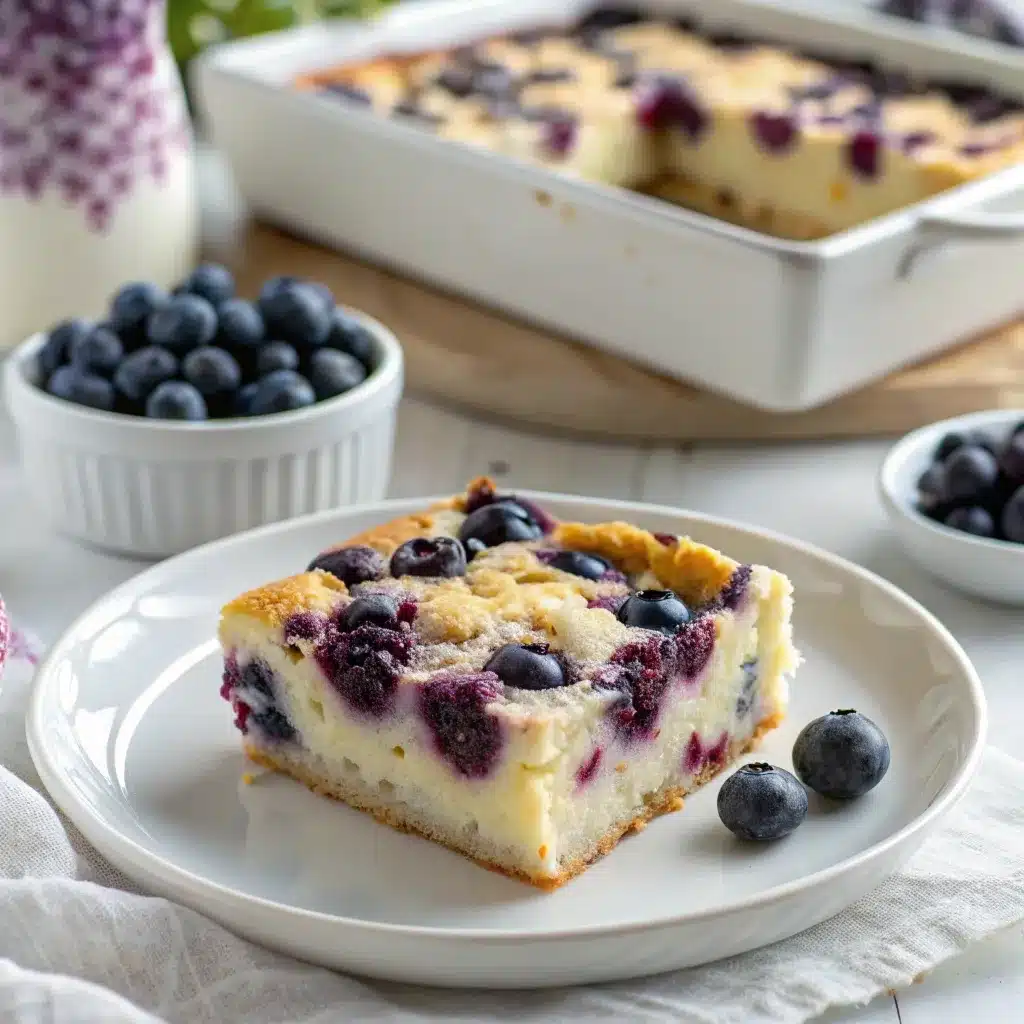 A beautiful square slice of blueberry cottage cheese bake on a white plate.