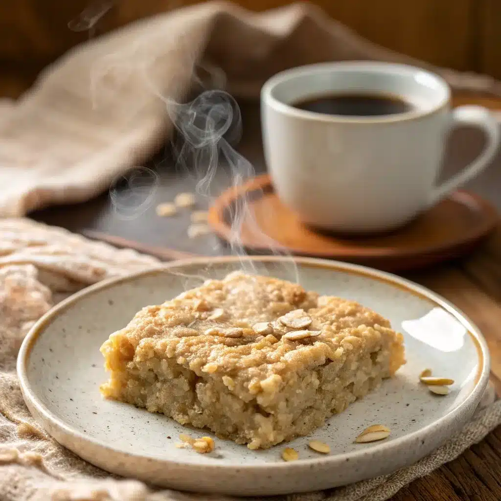 A beautiful, warm slice of high protein carrot cake baked oatmeal, ready to eat.