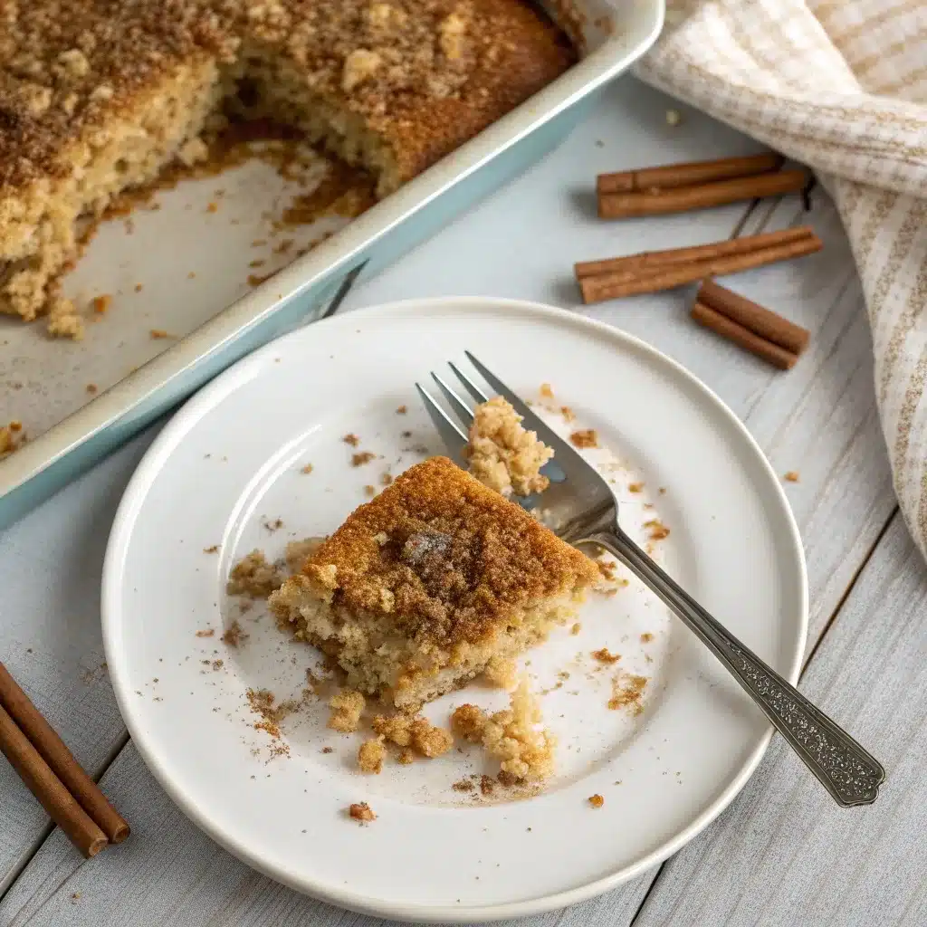 A slice of cinnamon roll baked oatmeal with a bite taken out, showing the fluffy texture.