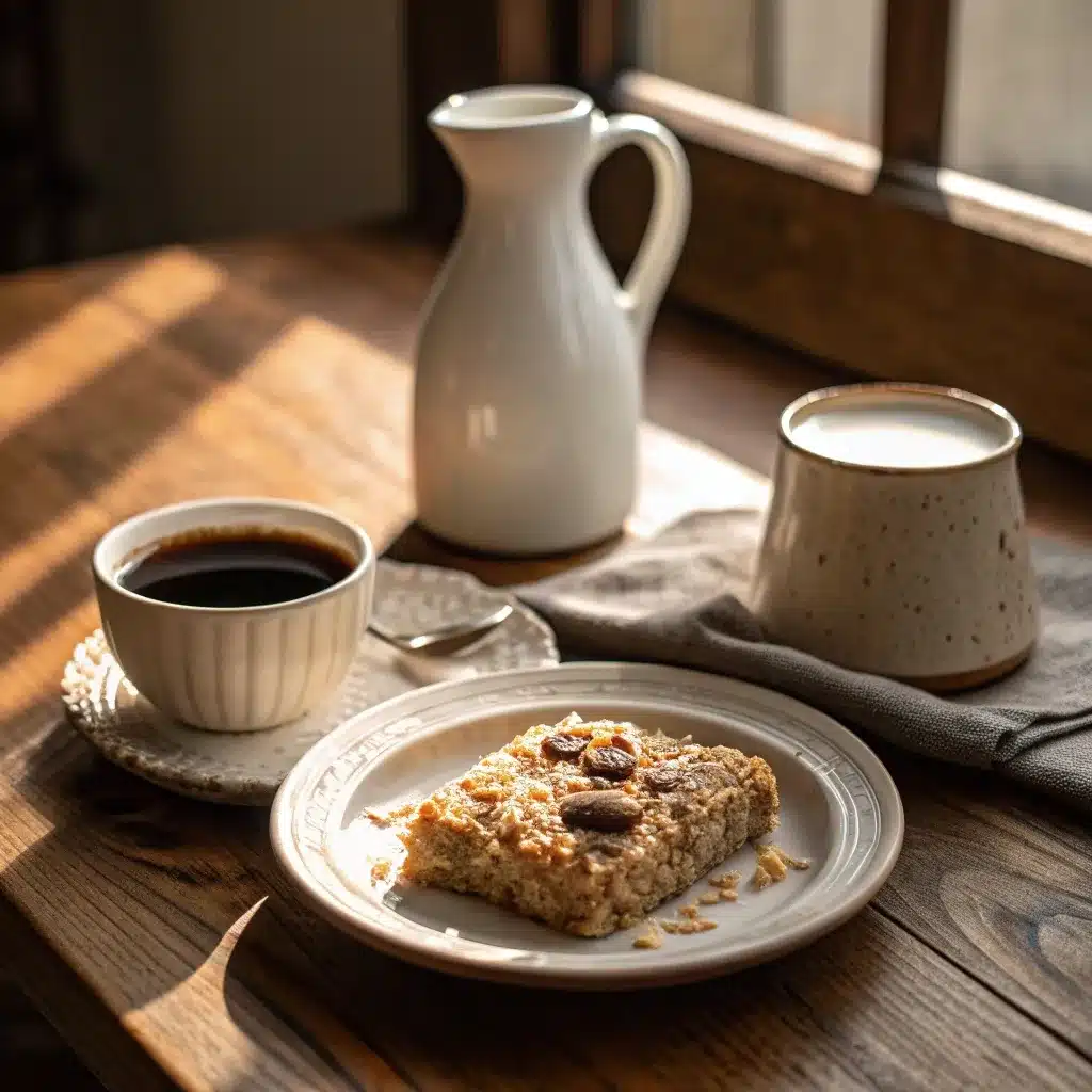 A relaxing breakfast setting with a slice of cinnamon roll oatmeal and coffee.