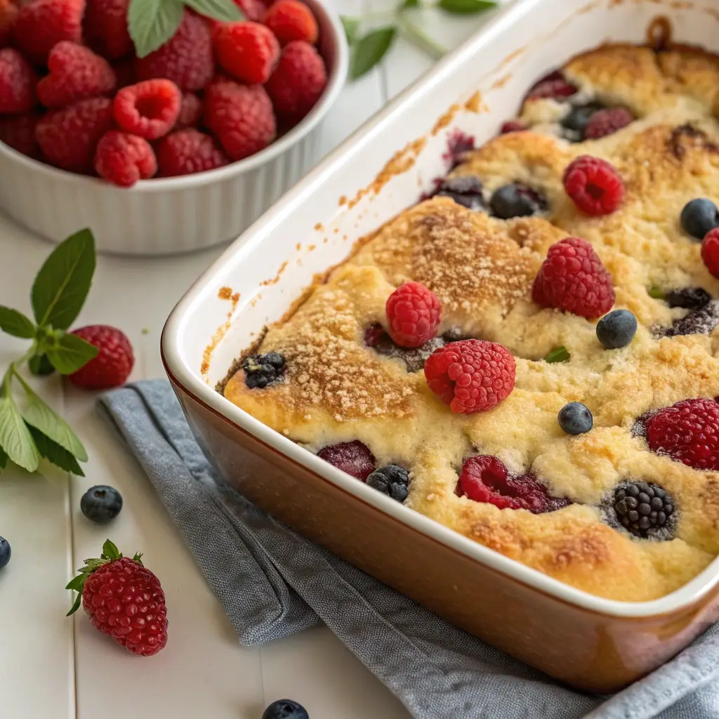A freshly baked protein french toast casserole in a white baking dish, topped with berries.