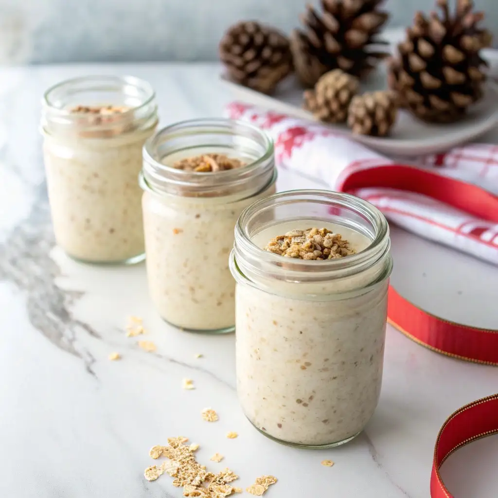 Three jars of eggnog overnight oats lined up on a kitchen counter.