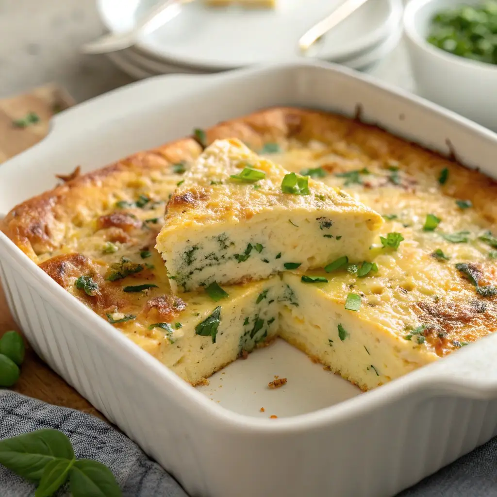 A freshly baked high protein egg casserole in a white dish with a slice removed.