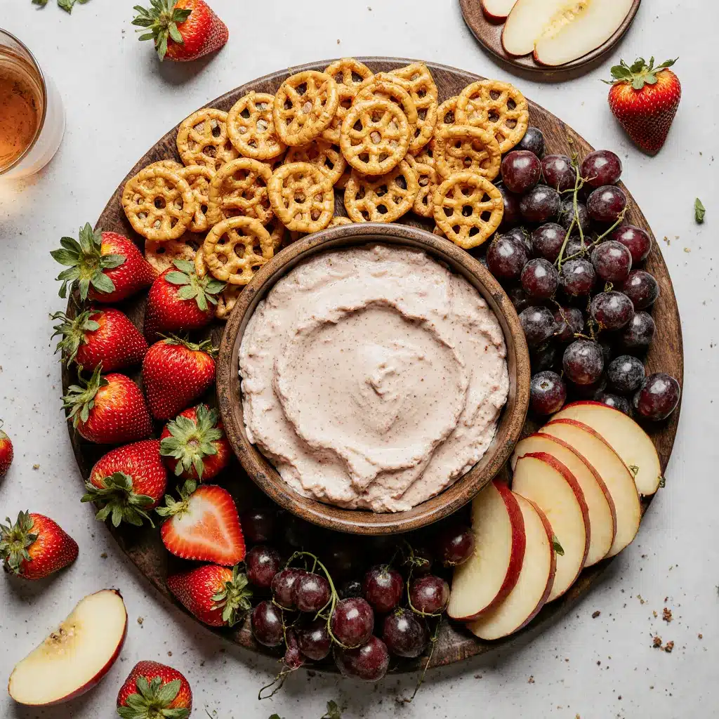 A snack board with high protein dunkaroo dip, fruit, and pretzels.