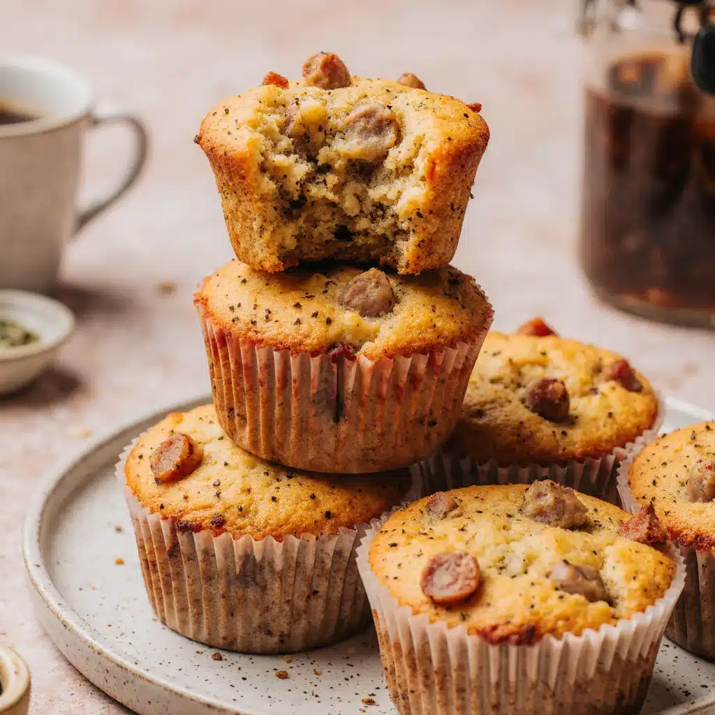 A stack of three high protein pancake sausage muffins on a rustic plate, next to a cup of coffee.