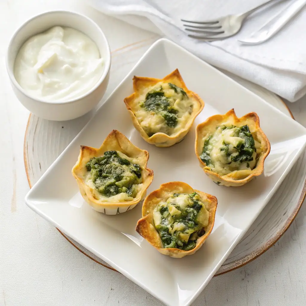 A plate of healthy spinach artichoke wonton cups, made with Greek yogurt instead of mayonnaise.