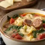 hearty crockpot cheese tortellini and sausage with sausage, tortellini, and cheese