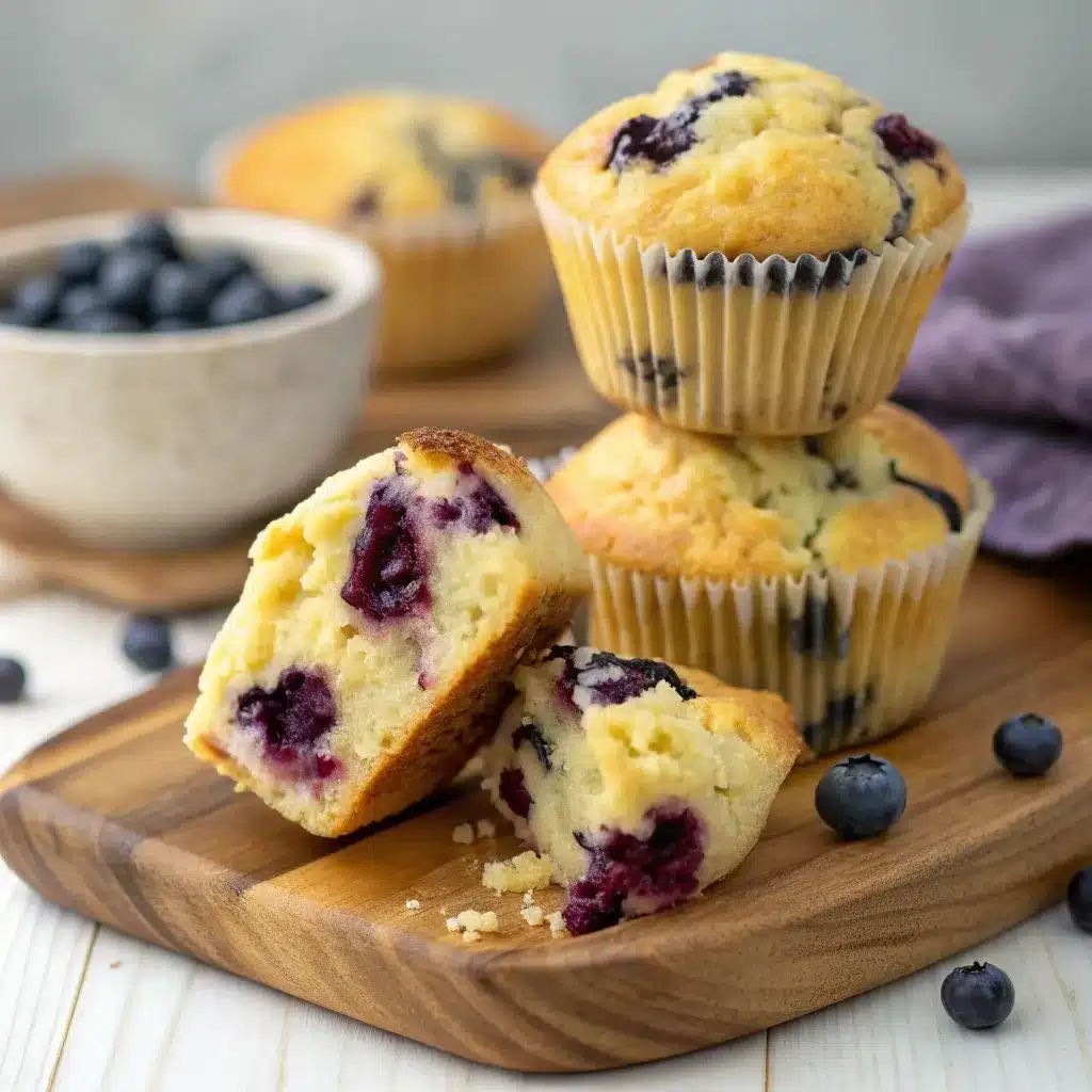 A stack of blueberry cottage cheese muffins on a wooden board.