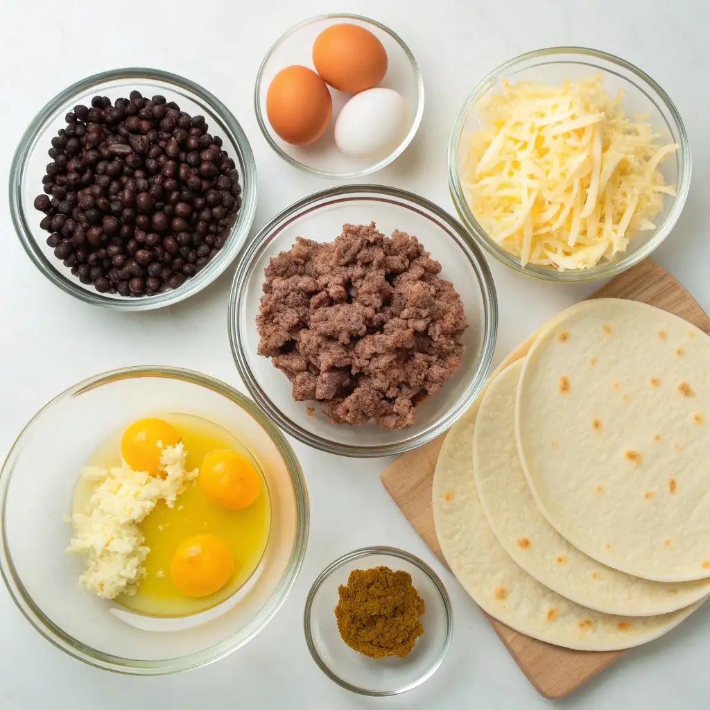 A flat lay of ingredients for high protein breakfast burritos: eggs, sausage, black beans, cheese, and tortillas.