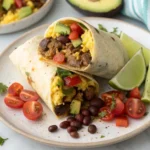 A top-down shot of a high protein breakfast burrito cut in half, showing the colorful filling of eggs, sausage, and beans.