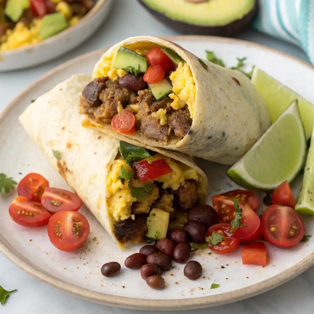 A top-down shot of a high protein breakfast burrito cut in half, showing the colorful filling of eggs, sausage, and beans.