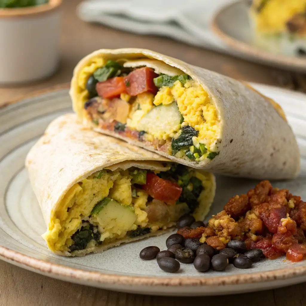A high protein vegetarian breakfast burrito cut in half, showing a filling of eggs, black beans, and tofu scramble.