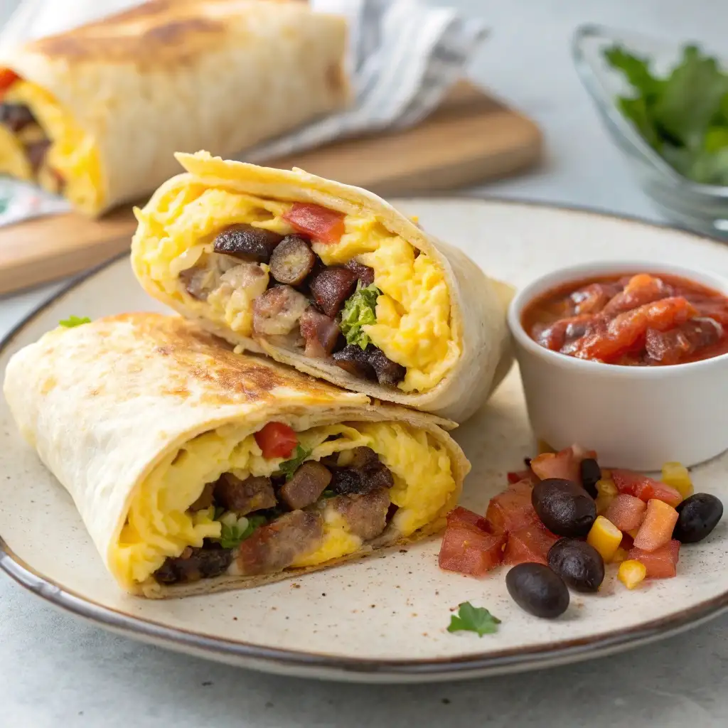 A high protein breakfast burrito cut in half on a plate, showing the filling of eggs, sausage, beans, and cheese.
