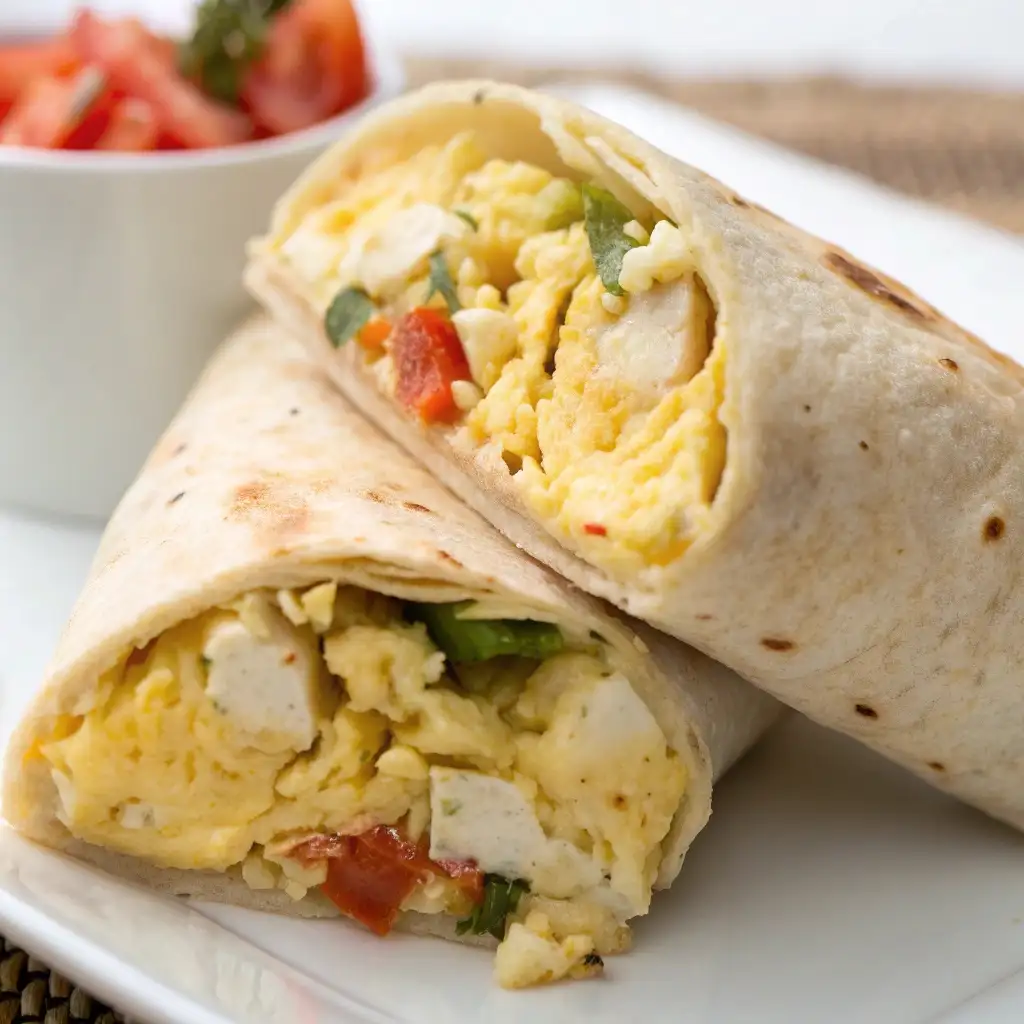 A high protein breakfast burrito with cottage cheese, cut in half to show the extra fluffy, light, and creamy egg filling.