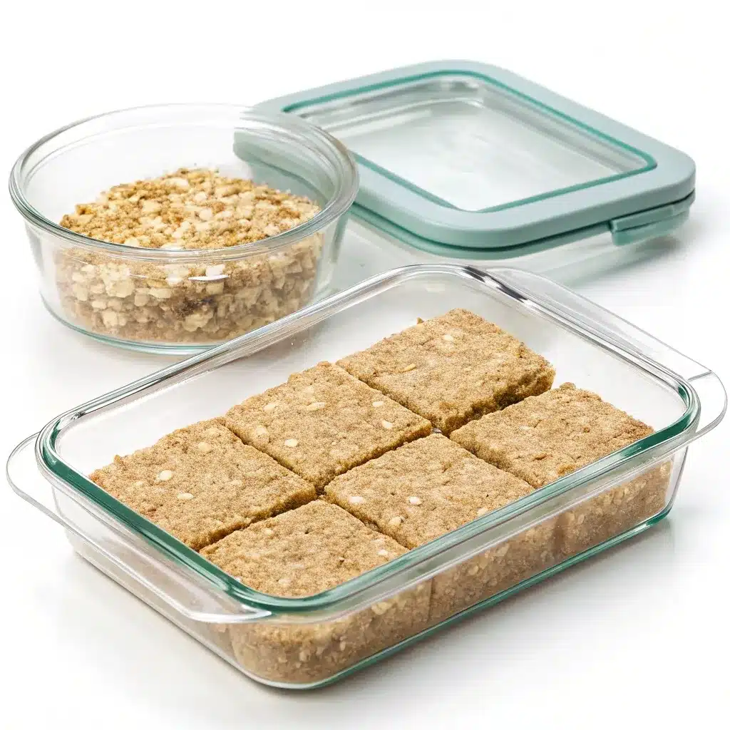 High protein carrot cake baked oatmeal sliced and being put into a glass meal prep container.