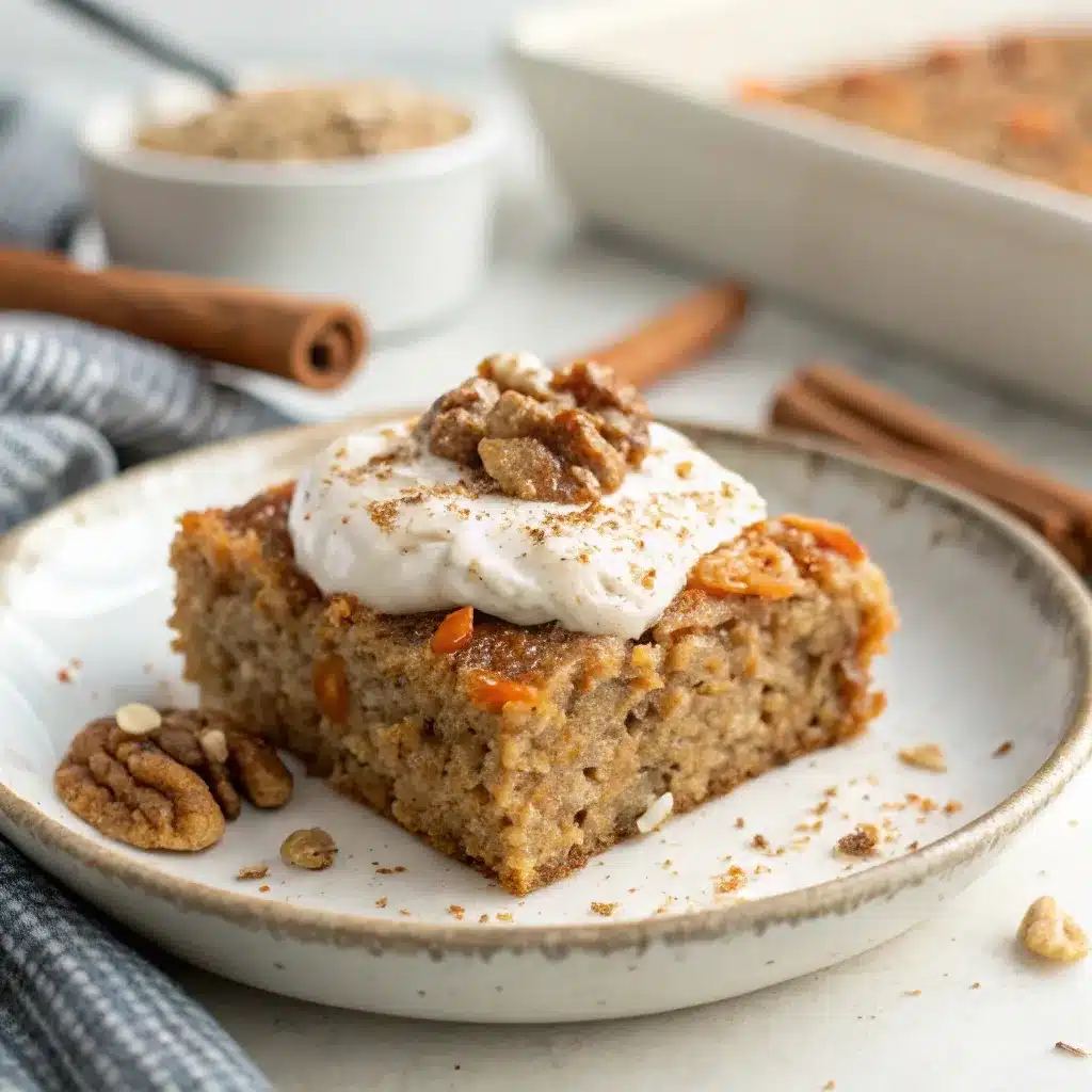 A perfect, close-up square of high protein carrot cake baked oatmeal, topped with protein cream cheese frosting and walnuts on a white plate.