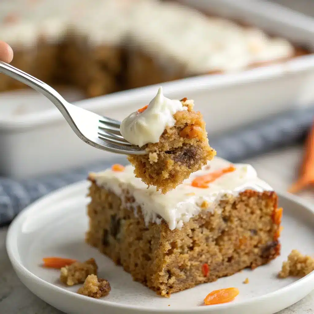 A close-up of a fork taking a bite of moist high protein carrot cake baked oatmeal.