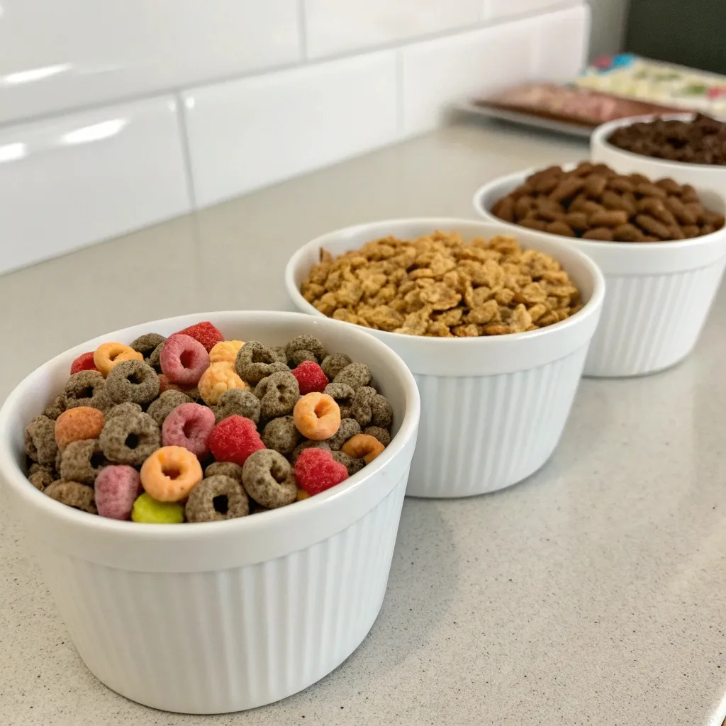 Three white bowls filled with different types of high protein cereal like chocolate loops and granola.