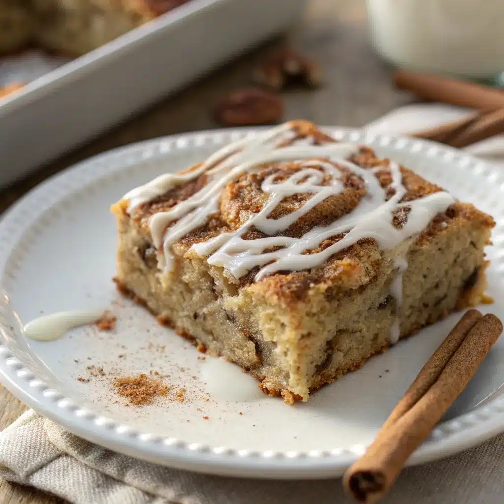 A square slice of high protein cinnamon roll baked oatmeal topped with icing and cinnamon.