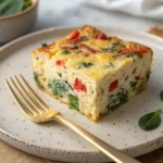A square slice of high protein cottage cheese breakfast bake with a golden crust and colorful veggie filling.