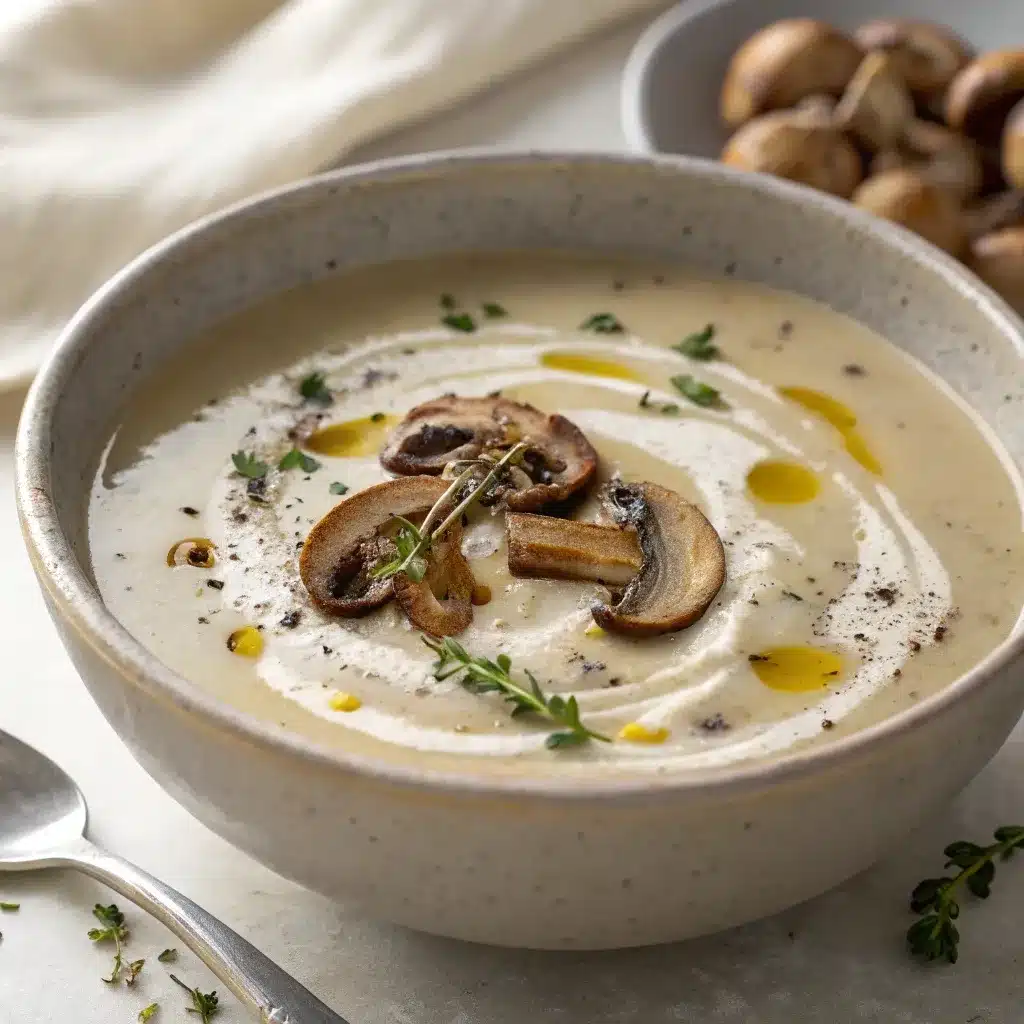 Creamy mushroom soup with yogurt swirl and thyme served warm in a stoneware bowl.